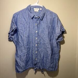 Calligraphie Blue White Stripe 100% Linen Tie-Hem Button Down Shirt Large